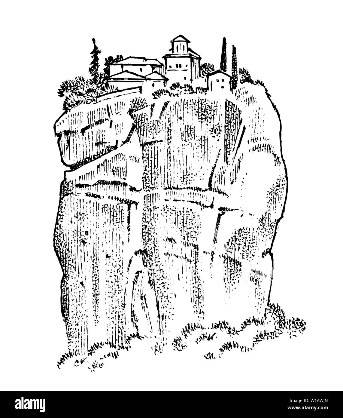 Rock in Grecia antica. Rovine greche, paesaggio in stile vintage. Disegnato a mano vintage inciso schizzo per poster, un banner o un sito web. Illustrazione Vettoriale