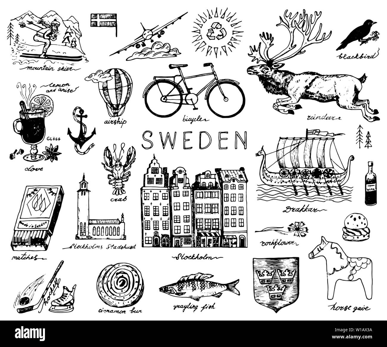 Simboli della Svezia in stile vintage. Schizzo retrò con segni tradizionali. Cultura scandinava, intrattenimento nazionale nel paese europeo. Ecologia e Illustrazione Vettoriale