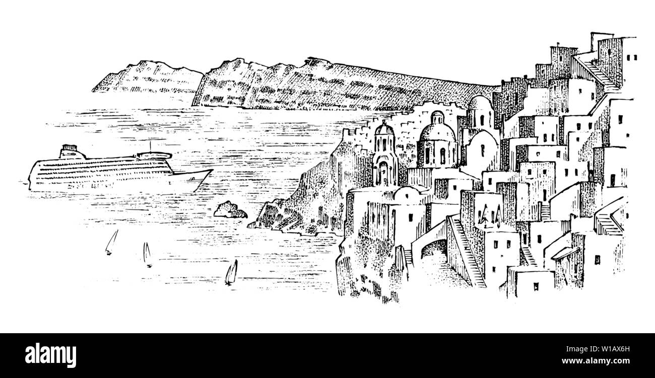 Il paesaggio delle montagne e degli edifici in Grecia. Antica antica cultura greca. Doppia esposizione. Disegnato a mano disegno inciso in stile vintage. Illustrazione Vettoriale