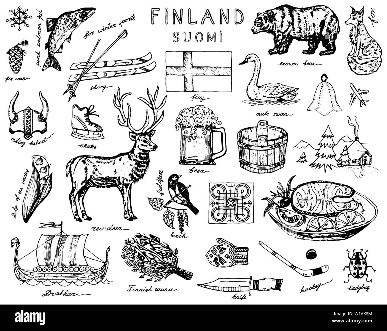 Simboli della Finlandia in stile vintage. Doodle sketch con segni tradizionali. Cultura scandinava, intrattenimento nazionale in un paese europeo. Animali Illustrazione Vettoriale