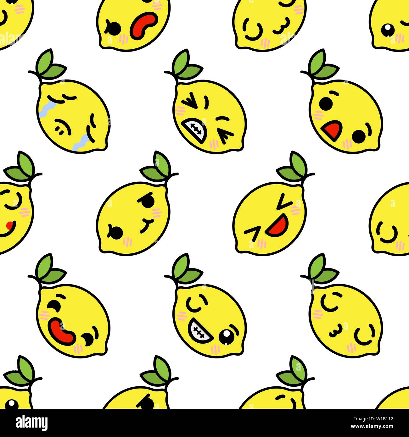 Kawaii limone con graziosi occhi neri seamless pattern. kawaii frutta con facce emotivo pattern senza giunture Illustrazione Vettoriale