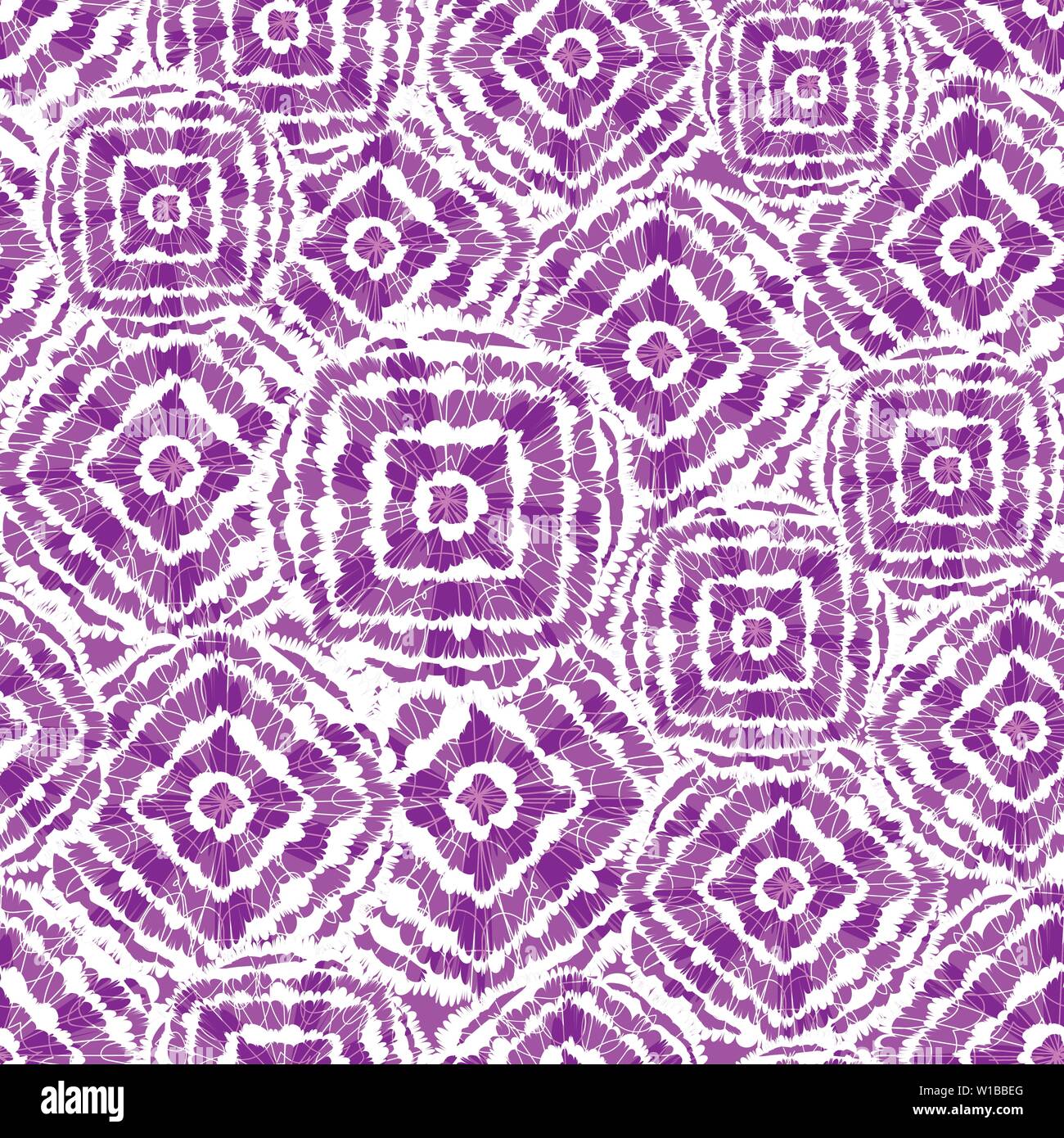 Vettore viola e bianco diamante shibori e le piazze si sovrappongono Patten. Adatto per i tessili, confezione regalo e carta da parati. Modello di superficie di progettazione. Illustrazione Vettoriale
