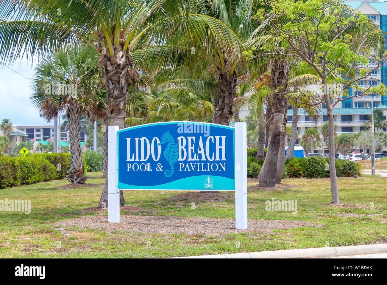 Spiaggia del Lido di Venezia e la piscina Sign in Sarasota Florida - Giugno 9, 2019 Foto Stock