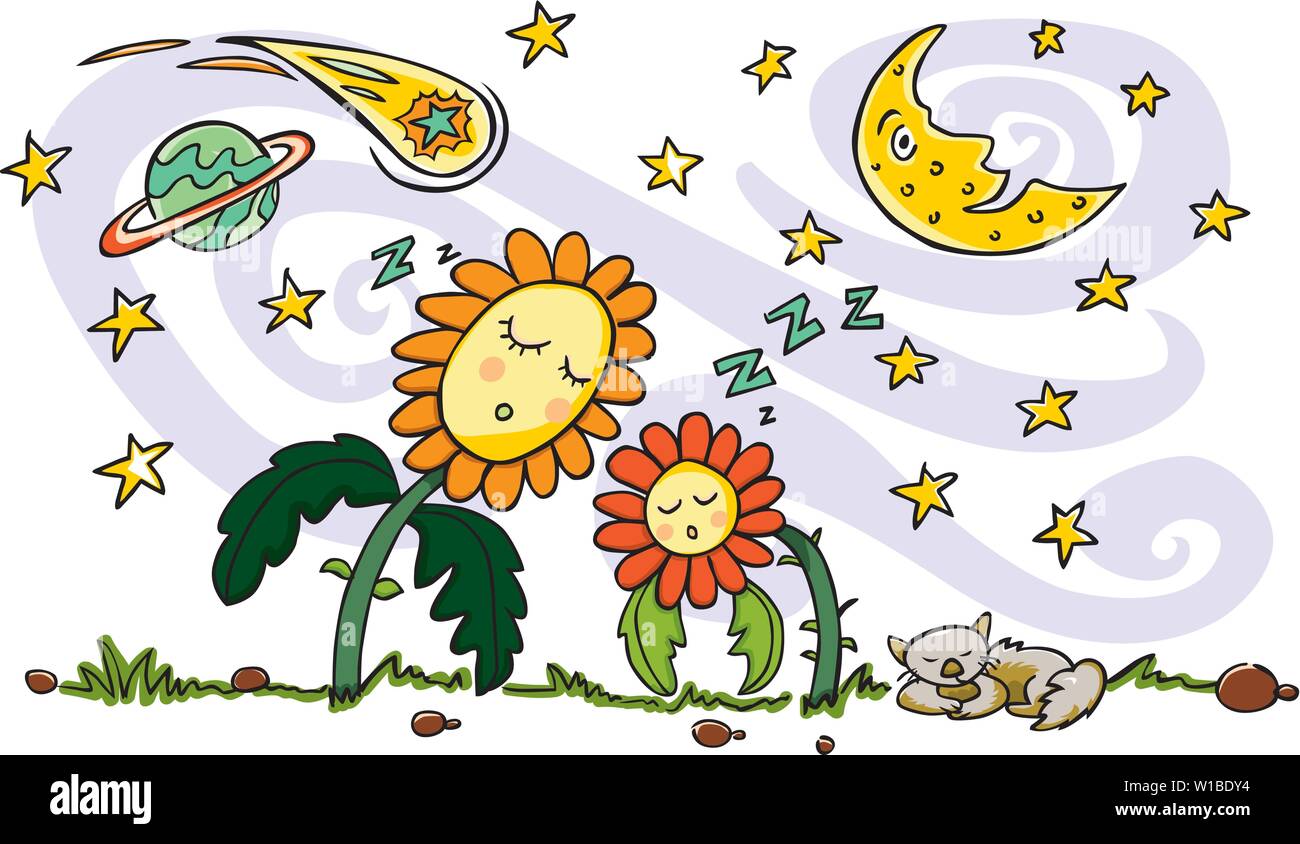 Colorato disegno vettoriale. Carino sleeping sun flowers, gatto, mezzaluna, pianeta, la cometa e stelle cadenti elementi. Tranquillo buona notte e lo spazio del tema. Illustrazione Vettoriale