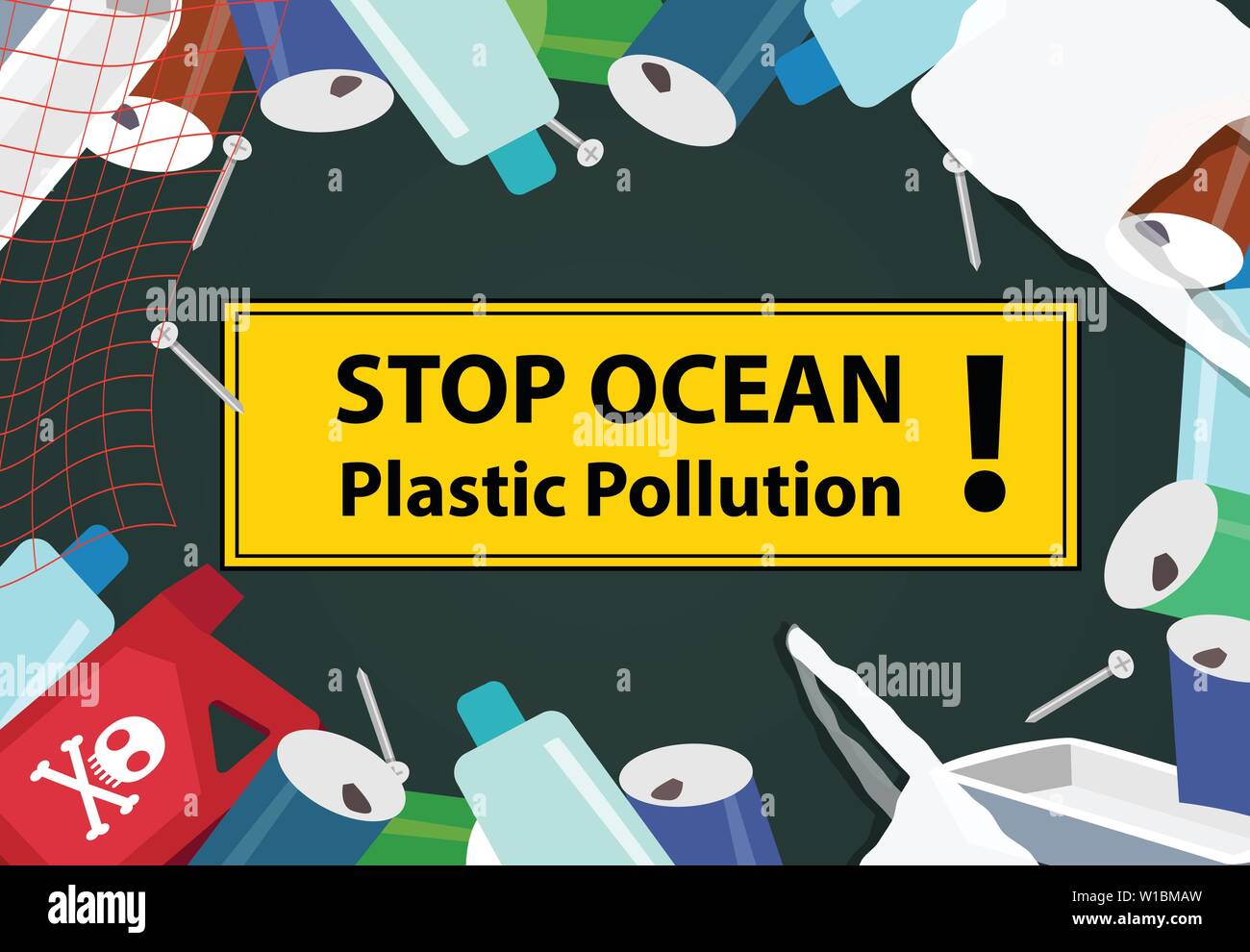 Fermata oceano inquinamento in plastica con sfondo junk, vettore Illustrazione Vettoriale