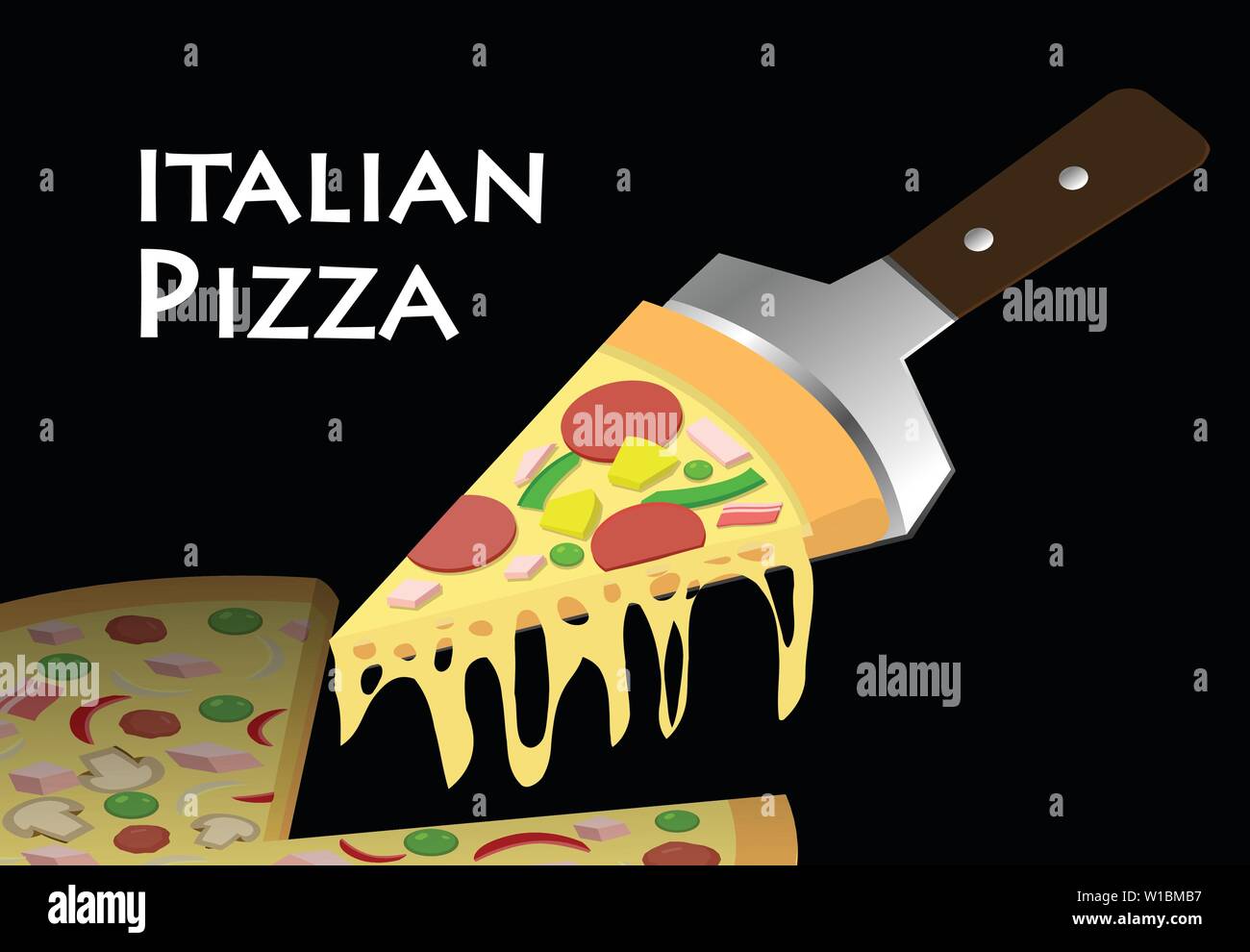 Un trancio di pizza su sfondo nero, arte vettoriale Illustrazione Vettoriale