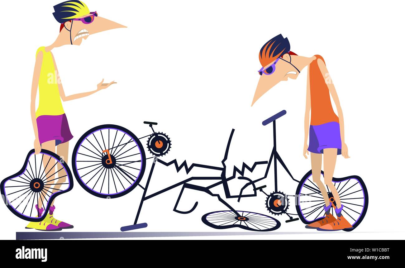 Rotture di biciclette e arrabbiato ciclista tiene la rottura di una ruota e rimprovera il triste ciclista con appendere la sua testa illustrazione isolato Illustrazione Vettoriale