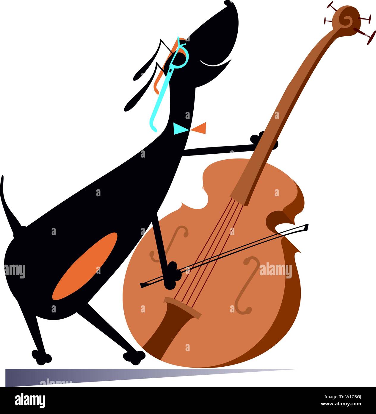 Cartoon cane suona il violoncello illustrazione. Fumetto bassotto riproduce la musica al violoncello isolato su bianco illustrazione Illustrazione Vettoriale