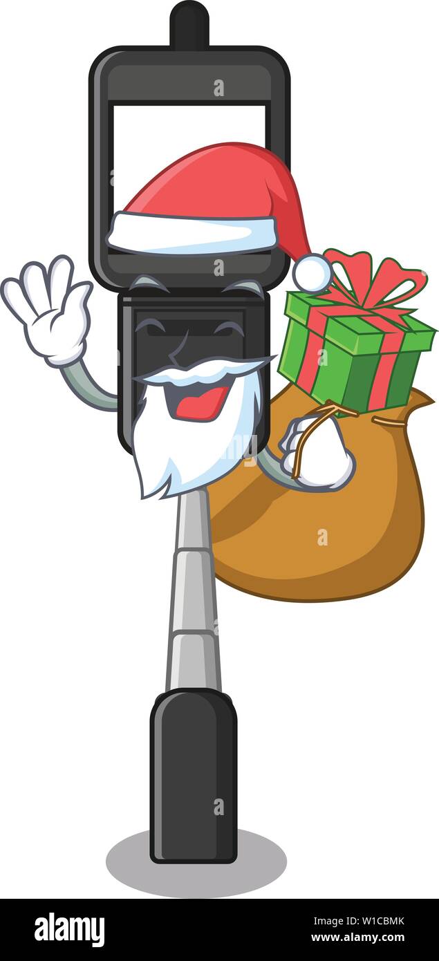Santa con dono un porta telefono cellulare cartoon sopra la tabella Illustrazione Vettoriale