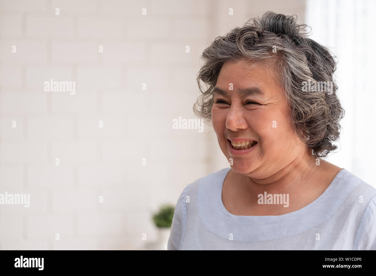 Asian senior donna sorriso nel salotto di casa,felice invecchiamento a home concetto Foto Stock