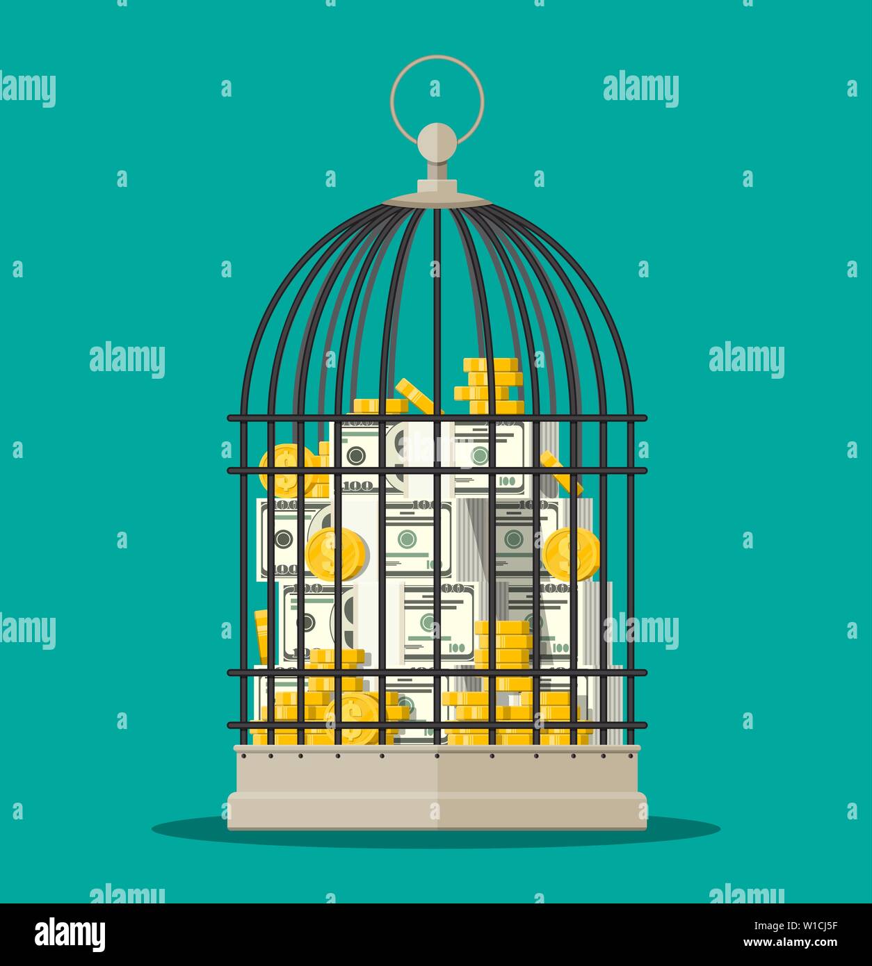 Bird gabbia piena di oro delle monete e delle banconote. Illustrazione Vettoriale