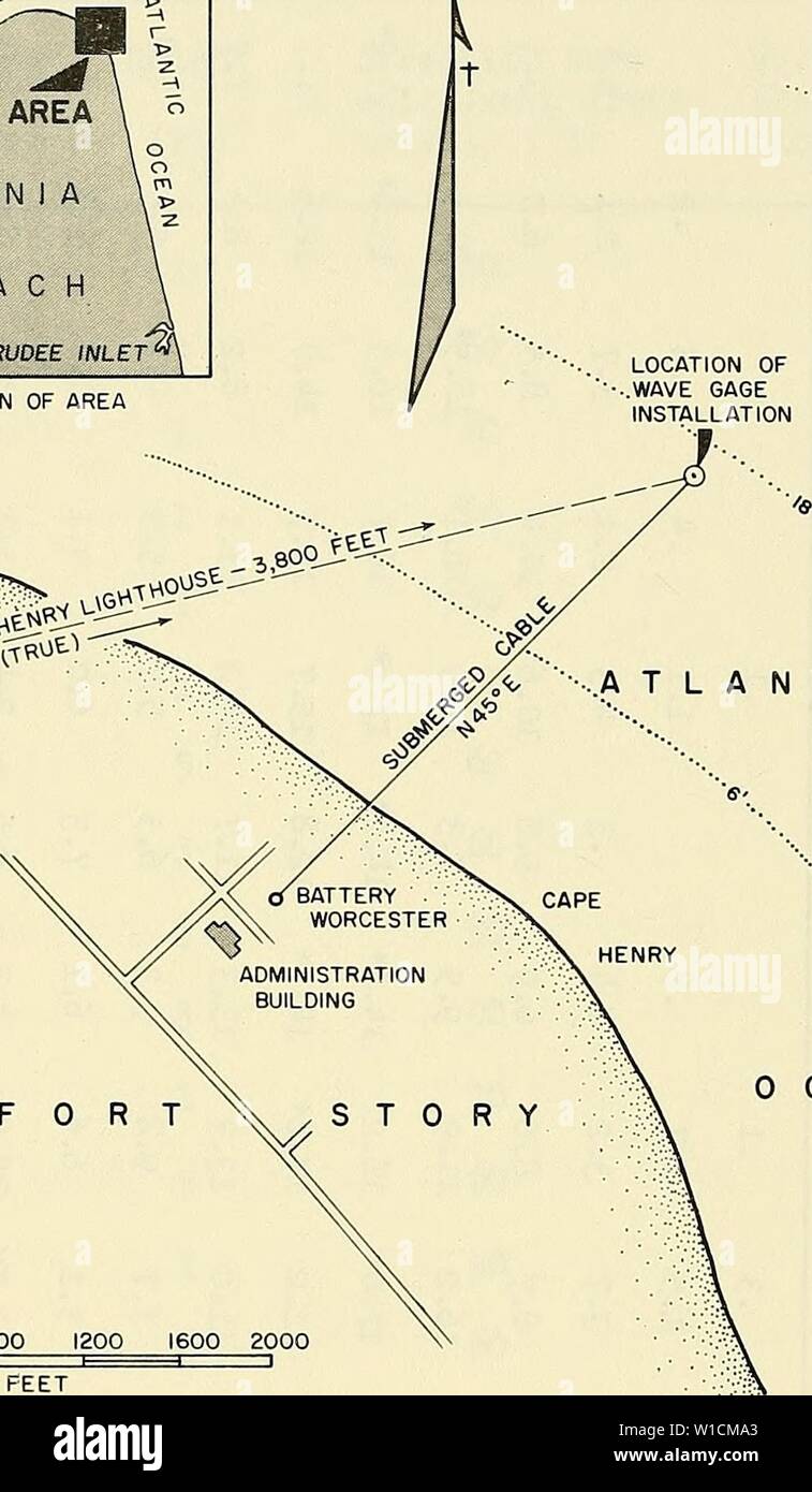 Immagine di archivio da pagina 69 di sviluppo di un procedimento per la. Lo sviluppo di un metodo per il calcolo numerico di onda rifrazione . developmentofmet00harr Anno: 1964 CHESAPEAKE , â &gt; BAY /' ''wa MAPPA AREA Z VIRGINIA â BEACH RUDEE LA POSIZIONE DI INGRESSO DELLA ZONA.js A T L A N T I C FORT 400 800 1200 1600 2000 OCEAN 0 100 200 piedi 300 400 500 600 figura Gl ex posizione di U.S. Onda Marina GAGE OFF CAPE HENRY VIRGINIA, 20 PIEDI DI ACQUA 64 Foto Stock