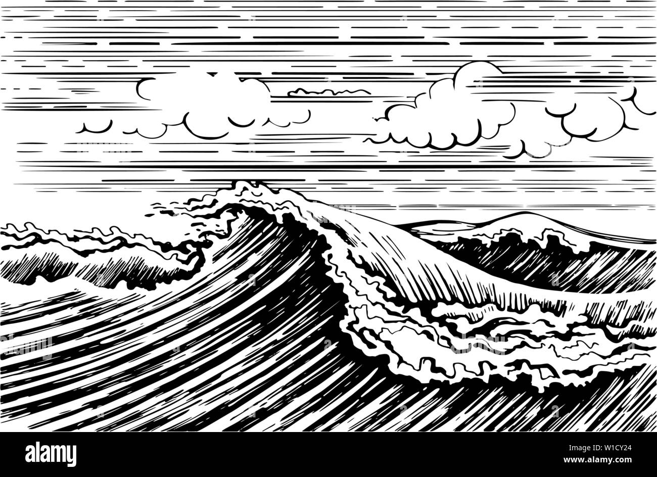 Storm sea wave grafica arte bianco nero paesaggio. Mano bozzetto illustrazione vettoriale. Elemento di design. Illustrazione Vettoriale