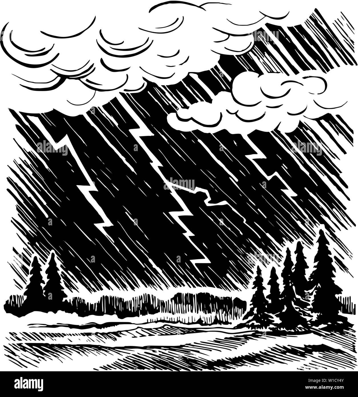 Tempesta e fulmini nella foresta Illustrazione Vettoriale