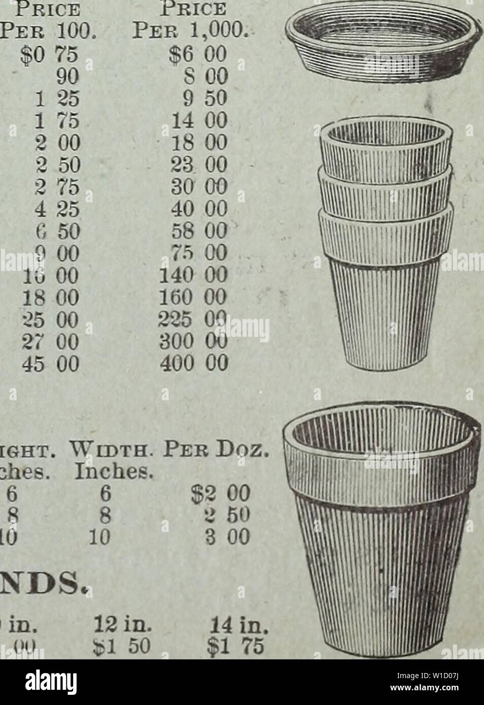 Immagine di archivio da pagina 82 del Catalogo descrittivo delle verdure, fiori. Catalogo descrittivo di verdure, fiori e semi di fattoria : bulbi, radici, piante, strumenti . descriptivecatal1894weeb Anno: 1894 Dimensioni. 2 pollici di altezza e larghezza interna. r:: ;; :: ; 4 4 - 5 Altezza. Pollici. Seme rotondo padelle.. 4 ' .. 6 ' ' .. 8 Larghezza pollici tegami di sementi. Per Doz. $1 50 2 00 2 50 Prezzo per Doz. Così 12 15 20 25 85 40 45 75 1 25 1 50 2 50 3 00 3 50 4 00 6 00 Altezza pollici. Piazza tegami di sementi. 6 Vaso di fiori piattini o .. 10 Sorge la dimensione 4 a. Per dozzina di $0 25 6 a. $0 35 7 a. $0 40 8 a. $0 50 9. $0 85 10 a. $1 Foto Stock