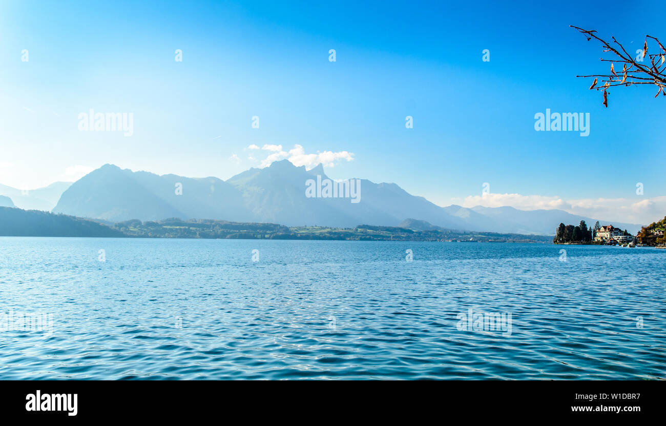 Vista sul lago di Thun (Thunersee, Thuner vedere), Alpi Stockhorn. Gunten, Canton Berna, Svizzera. Foto Stock