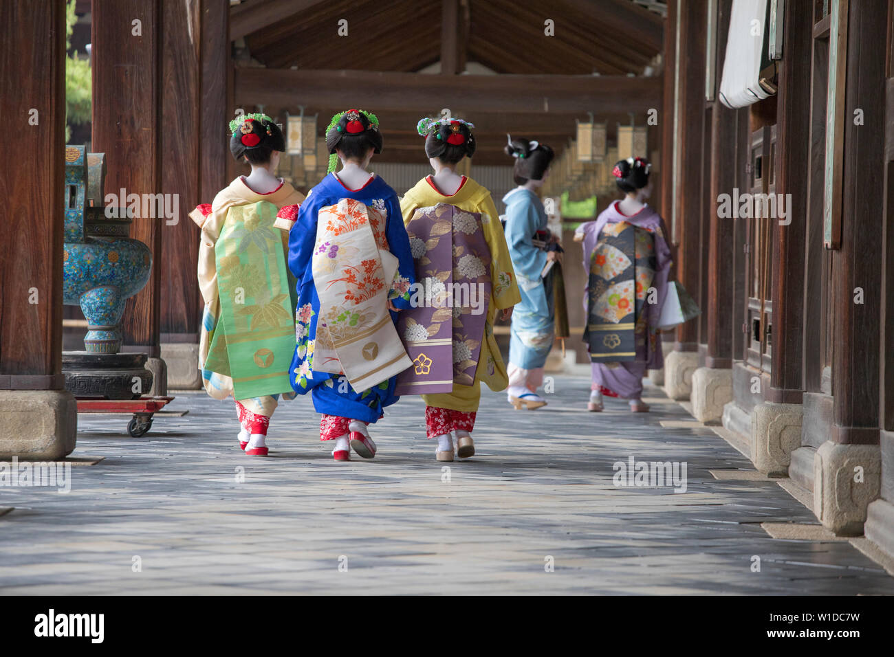 Una maiko e geisha sparare al tempio Manpakuji, Kyoto Foto Stock