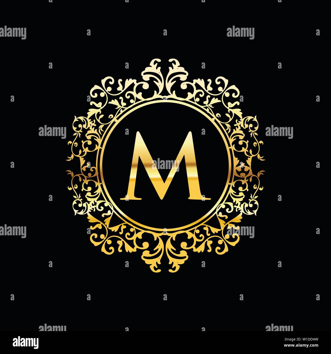 La lettera M oro lusso ornamento vintage logo design Illustrazione Vettoriale