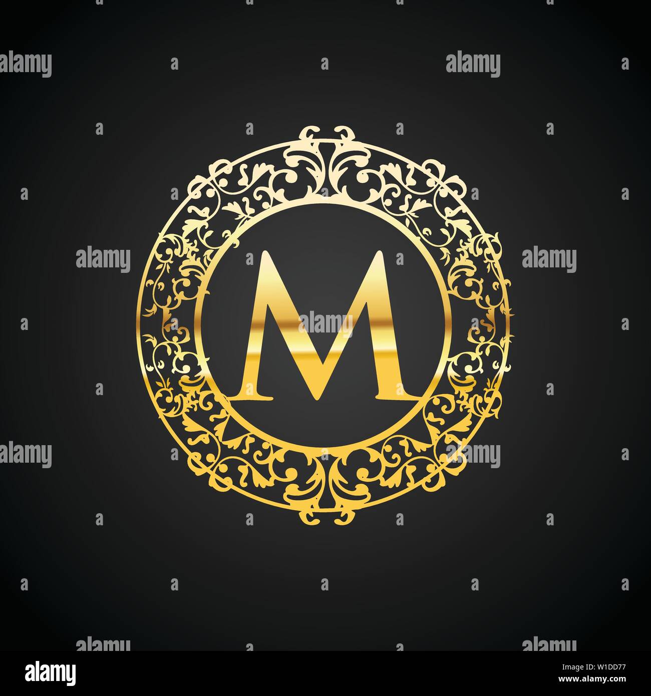 La lettera M oro lusso ornamento vintage logo design Illustrazione Vettoriale