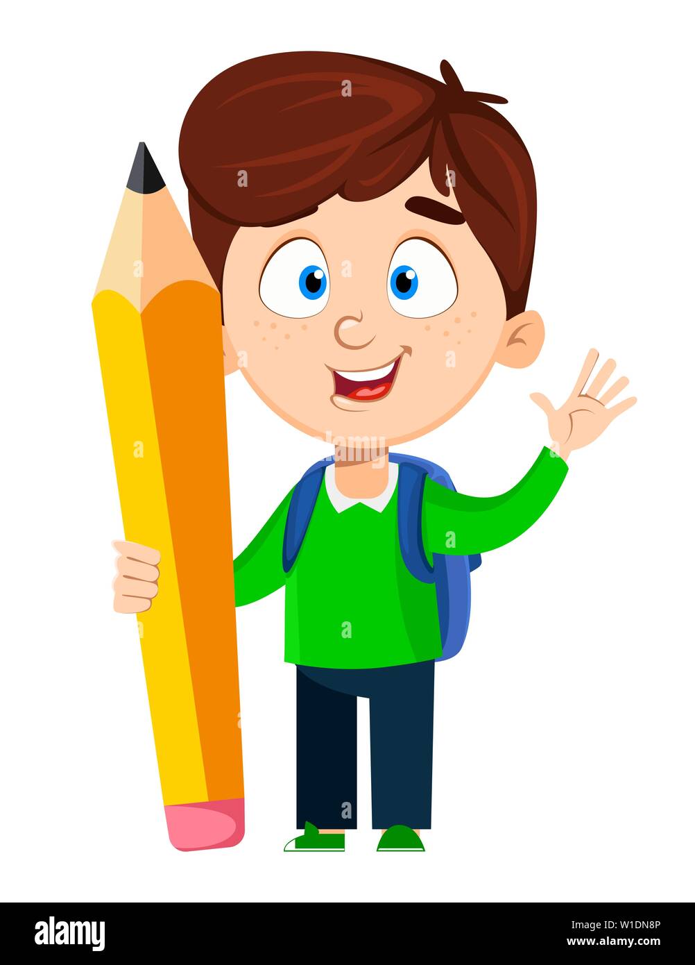 Si torna a scuola. Carino boy holding big matita. Divertente personaggio dei fumetti. Illustrazione Vettoriale. Illustrazione Vettoriale