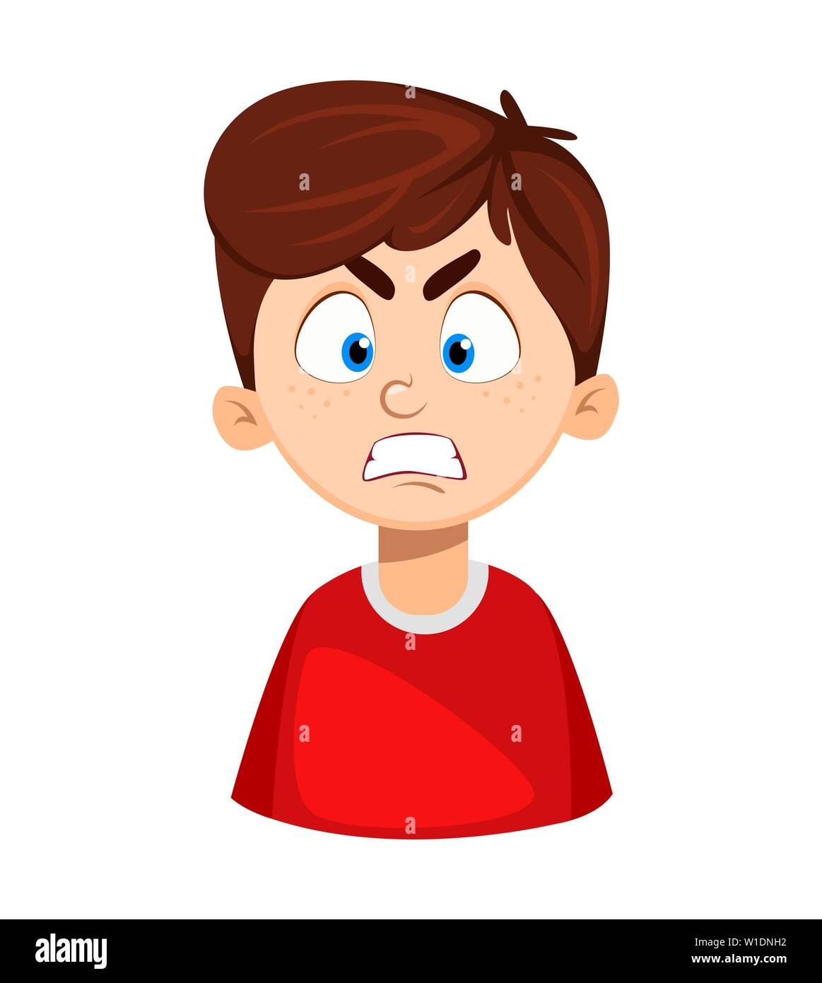 Faccia l'espressione del ragazzo carino, arrabbiato. Emozioni di un bambino. Illustrazione Vettoriale su sfondo bianco Illustrazione Vettoriale