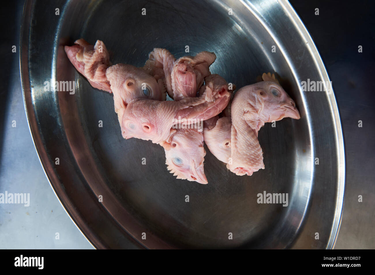 Teste di pollo pronto per la cottura sul retro di un ristorante nel centro di Miri, Borneo Malese. Foto Stock