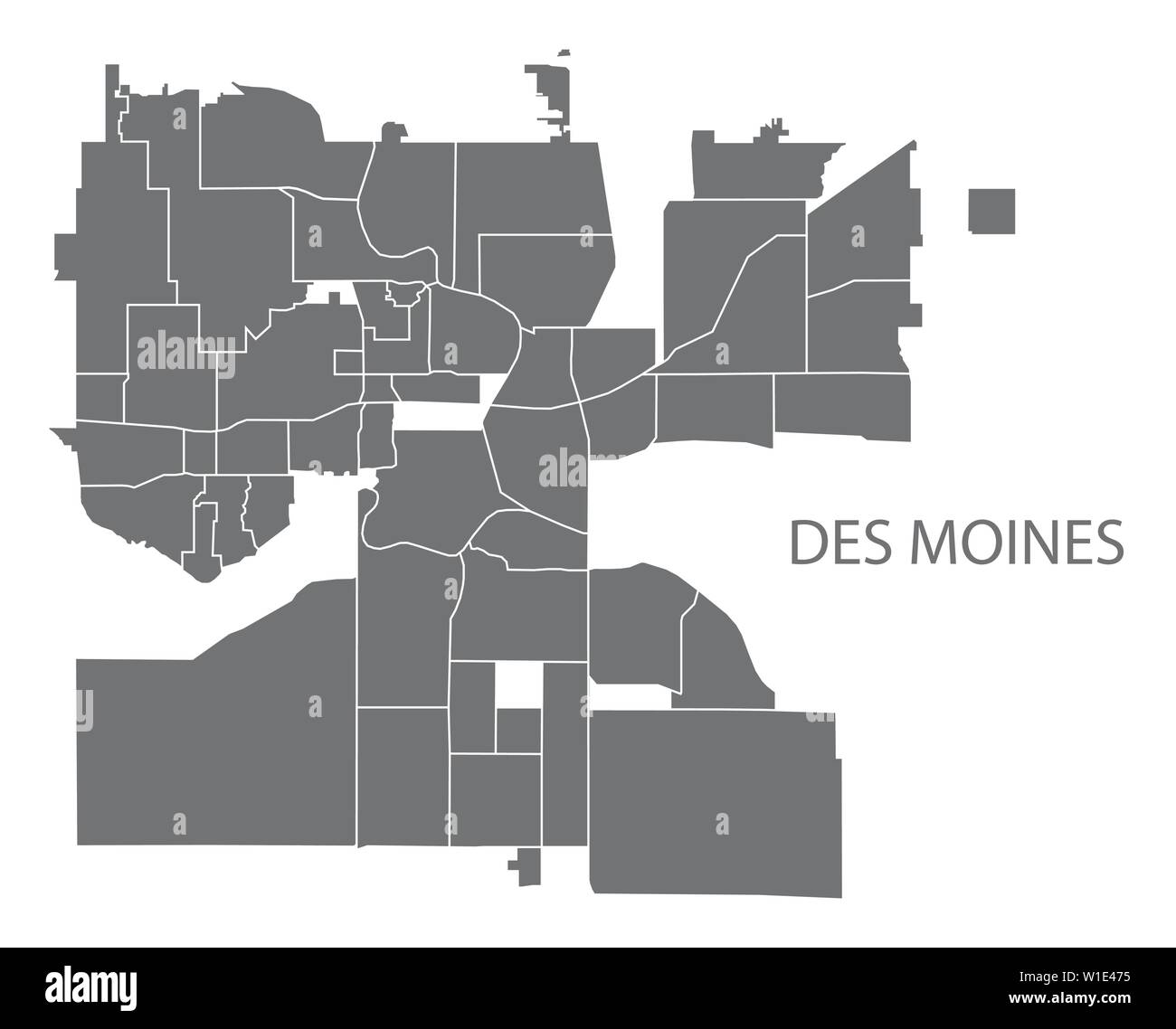 Des Moines Iowa mappa della città con i quartieri grigio illustrazione forma silhouette Illustrazione Vettoriale