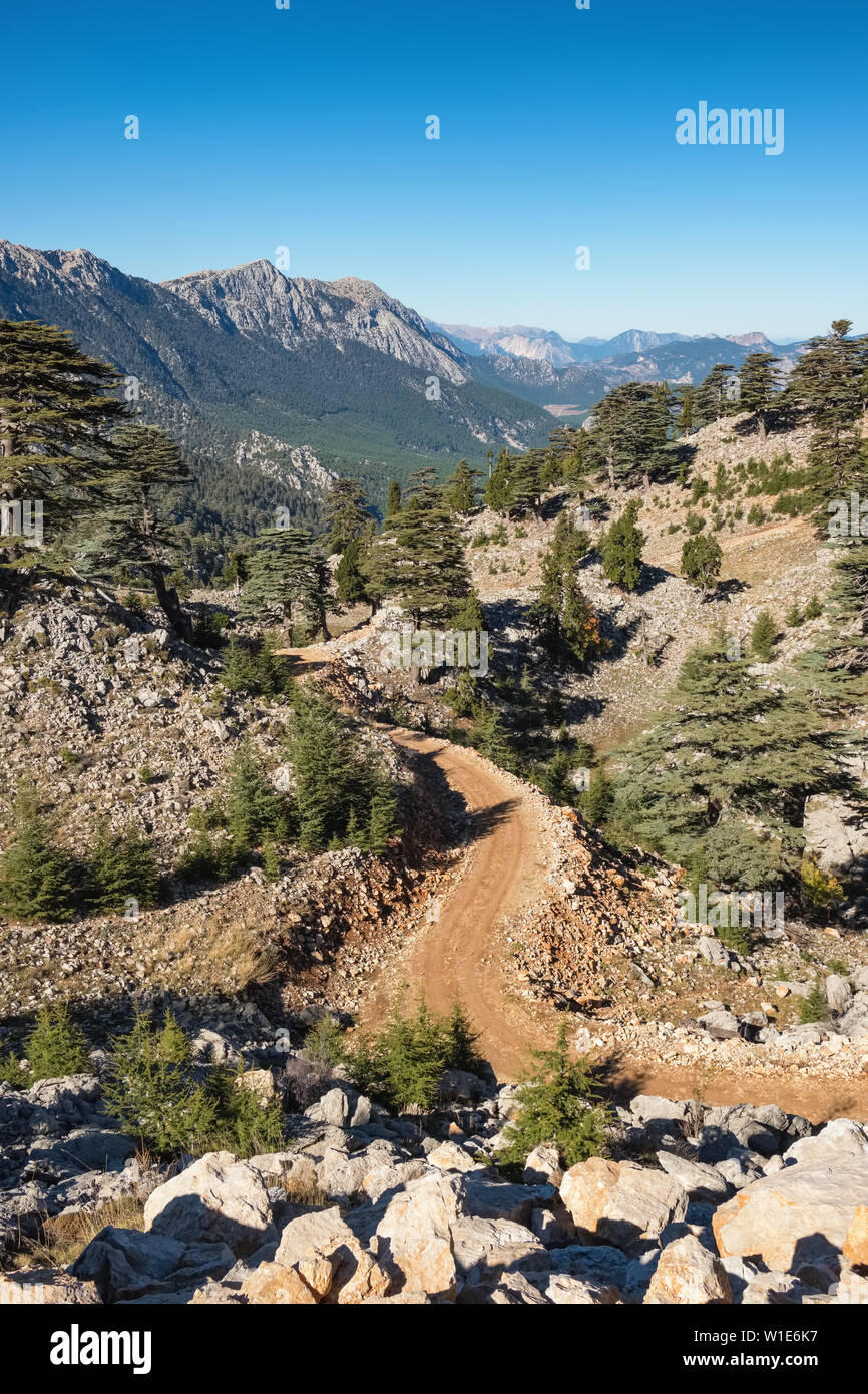 Paesaggio di montagna della Via Licia trail nei pressi del Monte Olympos o Tahtali nei pressi di Antalya, Turchia Foto Stock