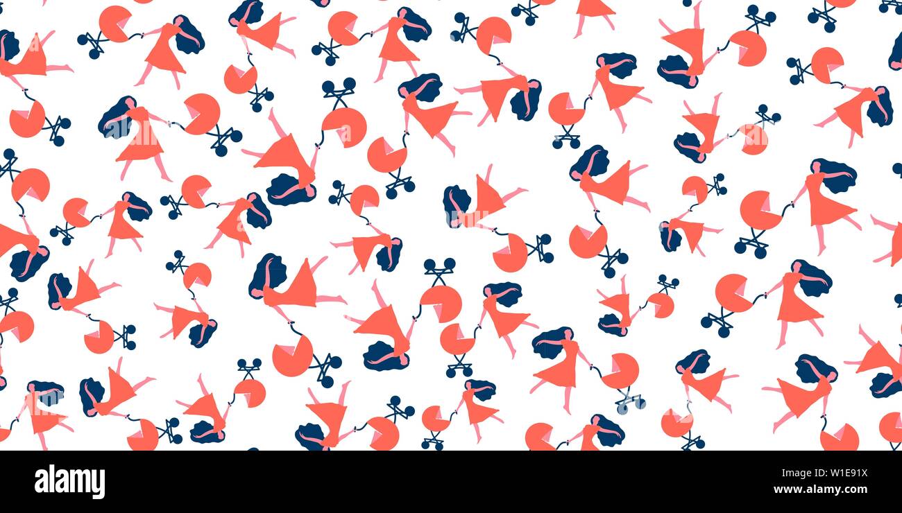 Donna con bambino trasporto - seamless pattern. La mamma è volare, raddrizzare un braccio ad ala. L'altra parte è in possesso di una carrozzina. Illustrazione Vettoriale. Illustrazione Vettoriale