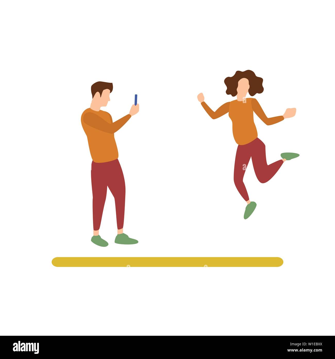 Design piatto il carattere di un ragazzo prendendo un Picutre di una donna di salto, attività umane pongono Illustrazione Vettoriale