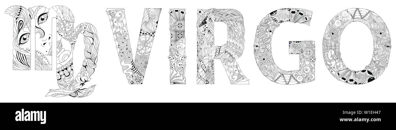 Virgo segno zodiacale, astrologia concept art per la colorazione. Il design del tatuaggio Illustrazione Vettoriale