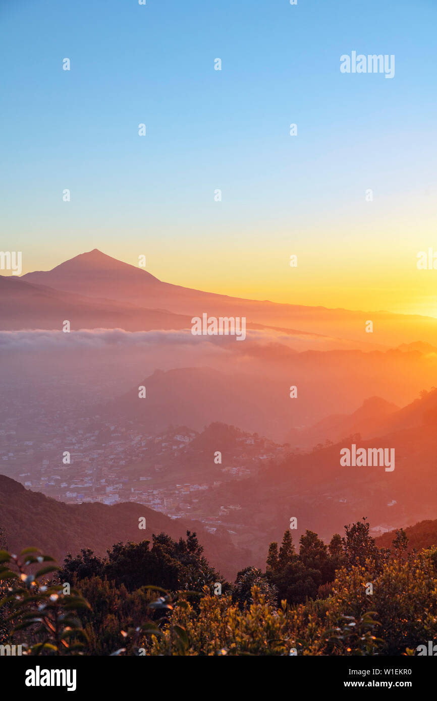 Sunset, il Pico del Teide, 3718m, la montagna più alta in Spagna e Parco Nazionale di Teide, sito Patrimonio Mondiale dell'UNESCO, Tenerife, Isole Canarie, Spagna, Atlantico Foto Stock
