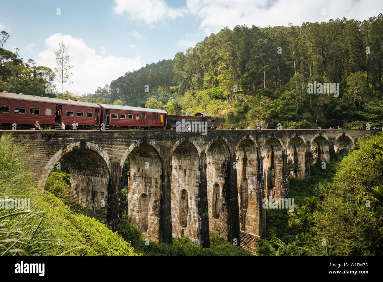 Il treno attraversa nove ponte di Arco, Ella, provincia di Uva, Sri Lanka, Asia Foto Stock