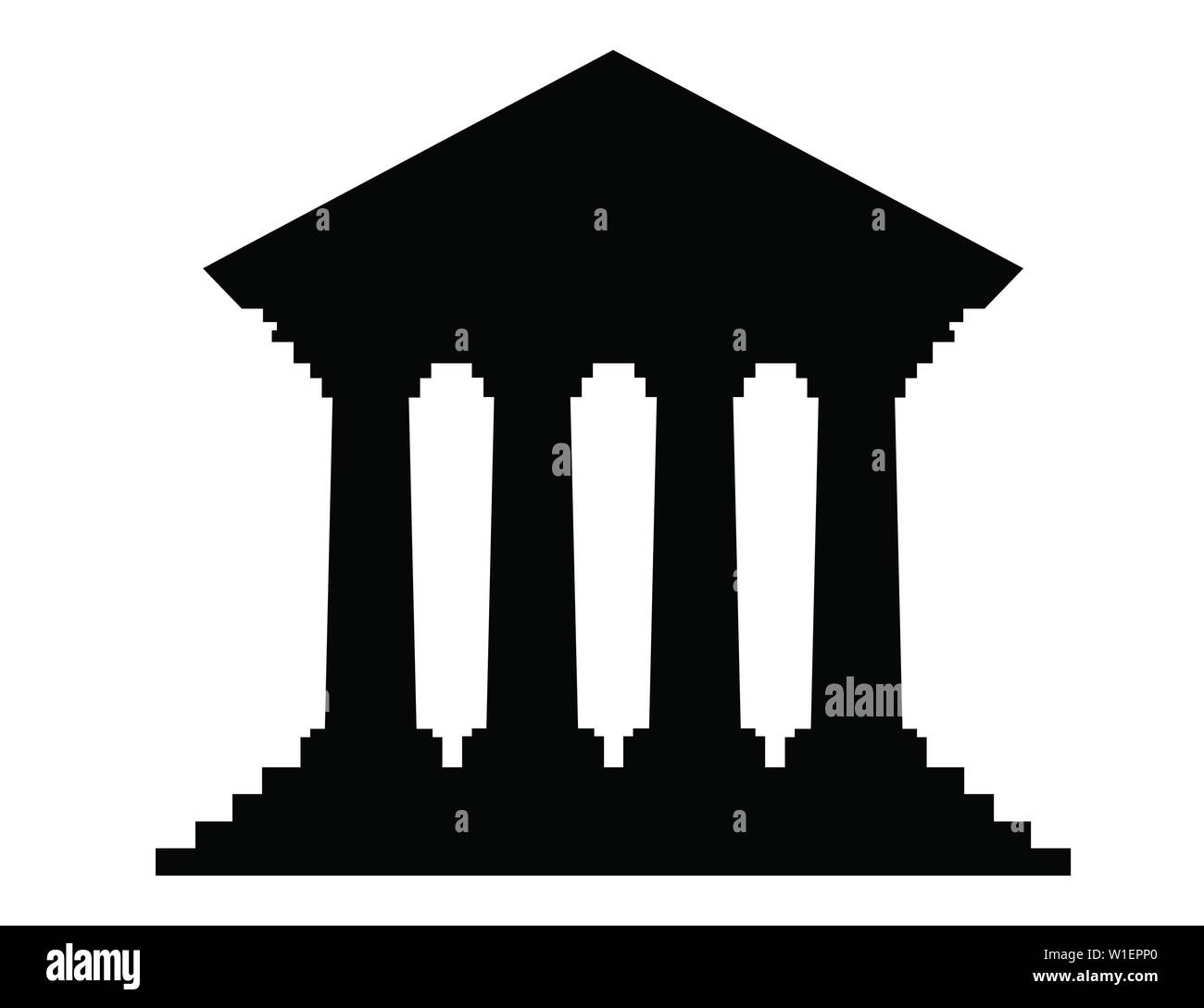 Silhouette nera design piatto retrò bank building con colonne senza windows illustrazione vettoriale isolati su sfondo bianco. Illustrazione Vettoriale