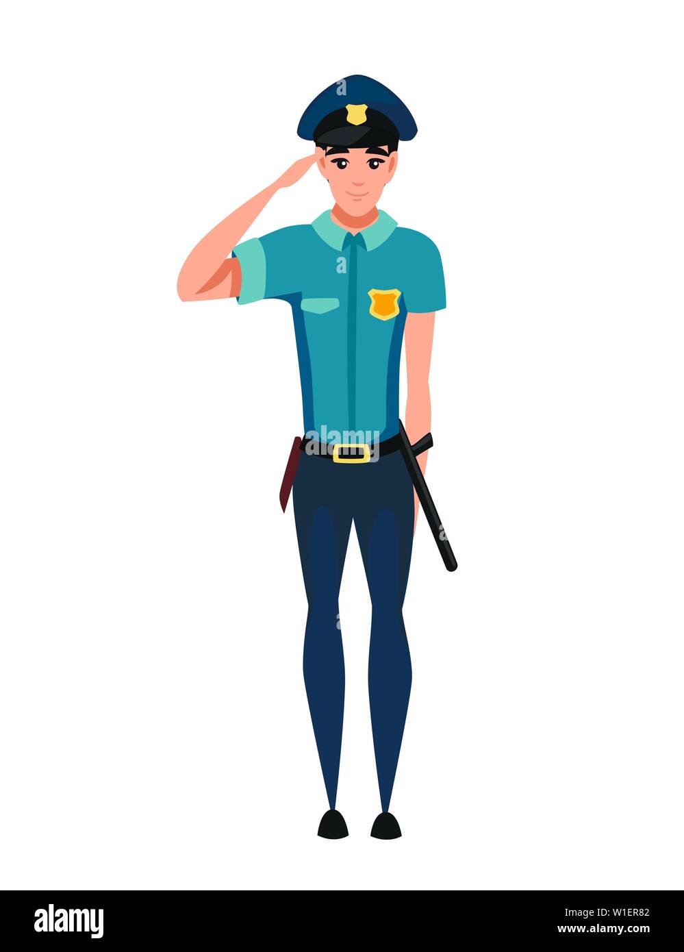 Funzionario di polizia salutando e indossando blu scuro luce pantaloni maglietta blu cartoon character design piatto illustrazione vettoriale Illustrazione Vettoriale