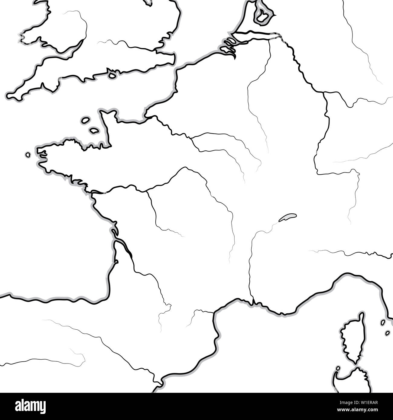 Mappa delle terre francesi: la Francia e le sue regioni (Île-de-France, Champagne, Normandie, Bretagne, Aquitaine, Occitanie, Provenza, Borgogna, Lorraine). Foto Stock