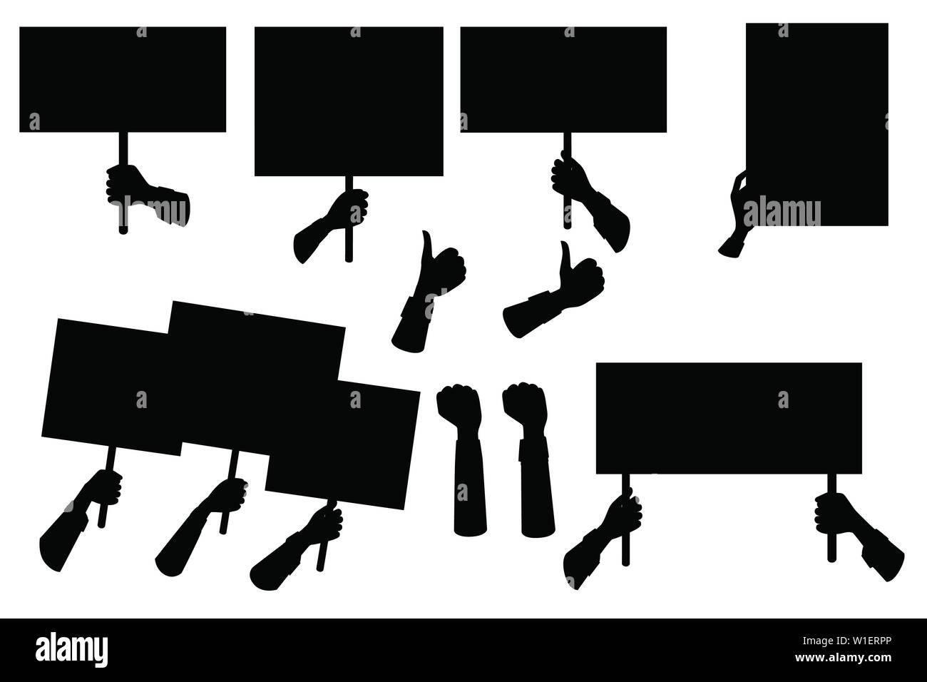 Silhouette nera serie di mani vuote segno di protesta, modello di targhetta piatta illustrazione vettore isolato su sfondo bianco. Illustrazione Vettoriale