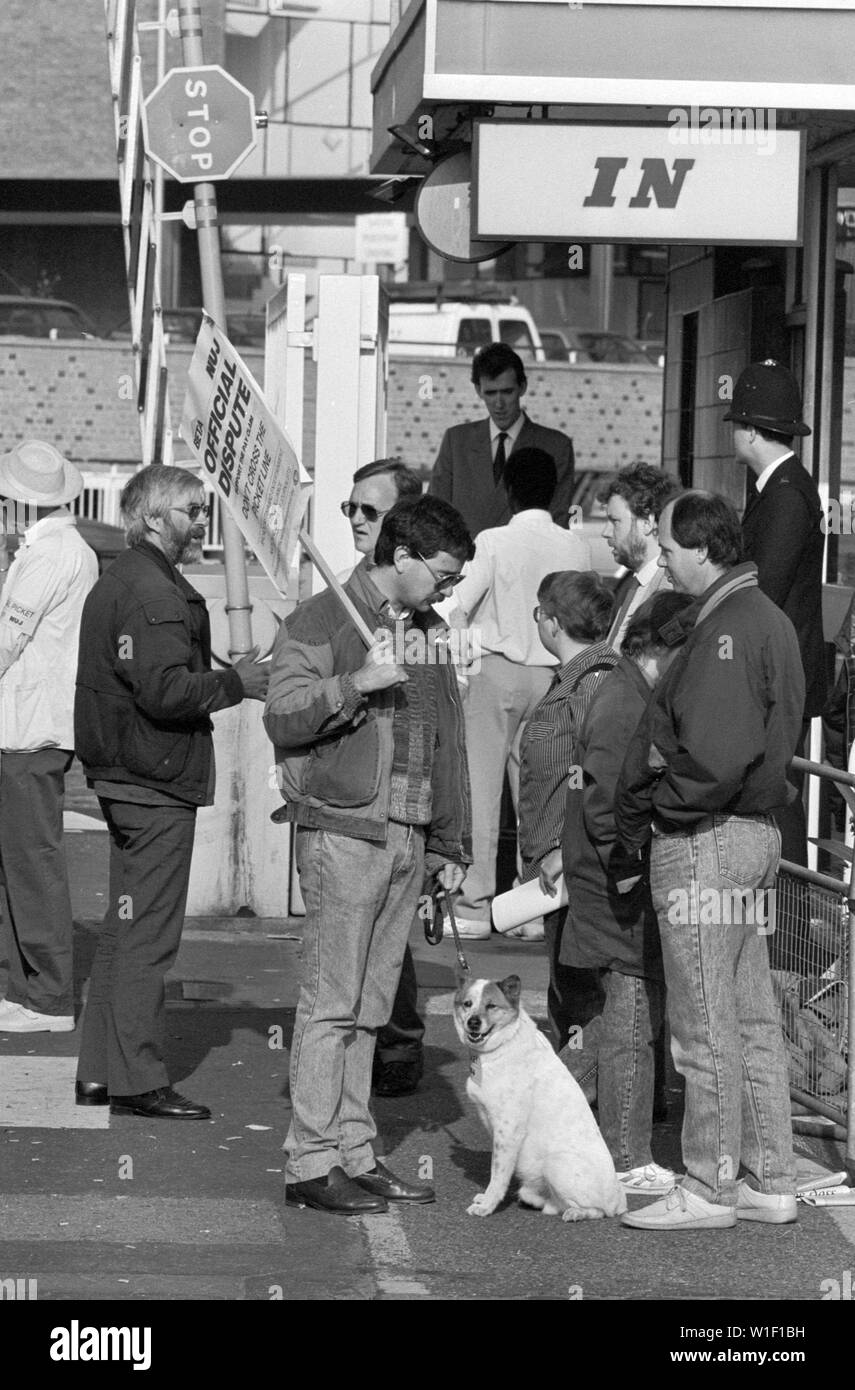 Henry il cane con il suo proprietario Andrew Maywood, a sei ore di notizie produttore, sulla linea di picchetto fuori il centro televisivo della BBC a Londra come giornalisti, tecnici e altri lavoratori intensificato la loro retribuzione controversia con una 48 ore di sciopero. Foto Stock