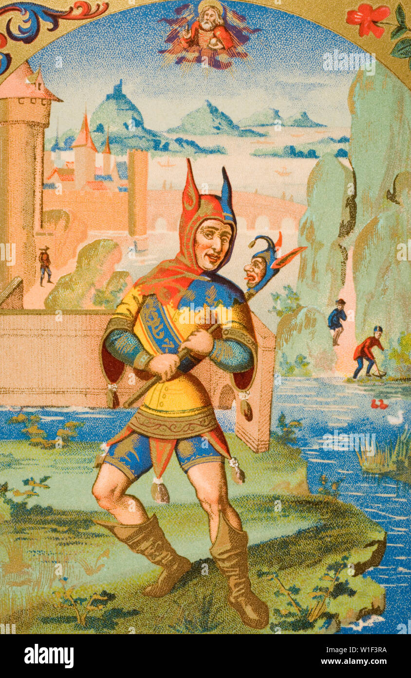 Un buffone di corte del XV secolo. Xix secolo la riproduzione di una miniatura di un manoscritto medievale Foto Stock