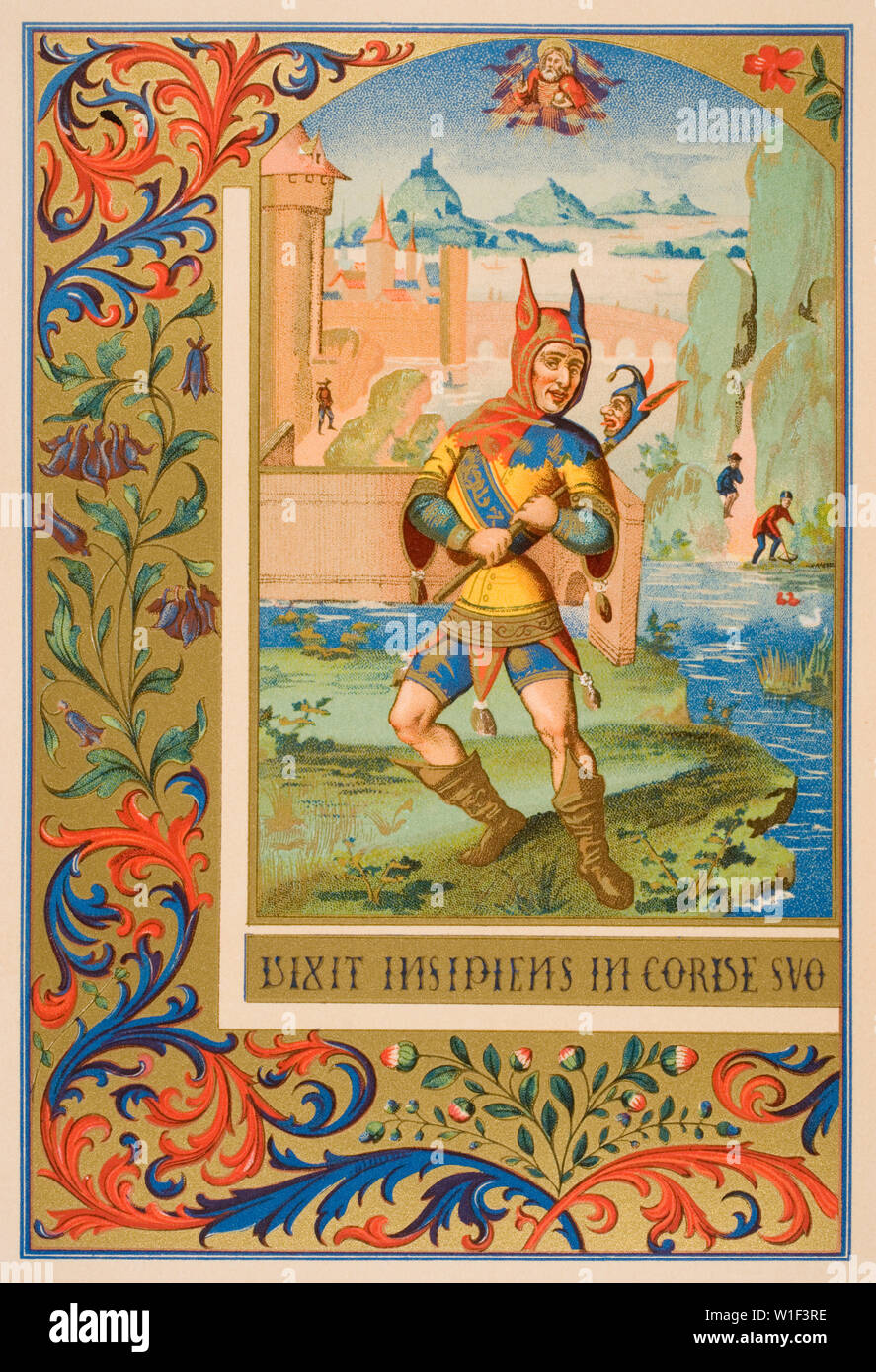 Un buffone di corte del XV secolo. Xix secolo la riproduzione di una miniatura di un manoscritto medievale Foto Stock