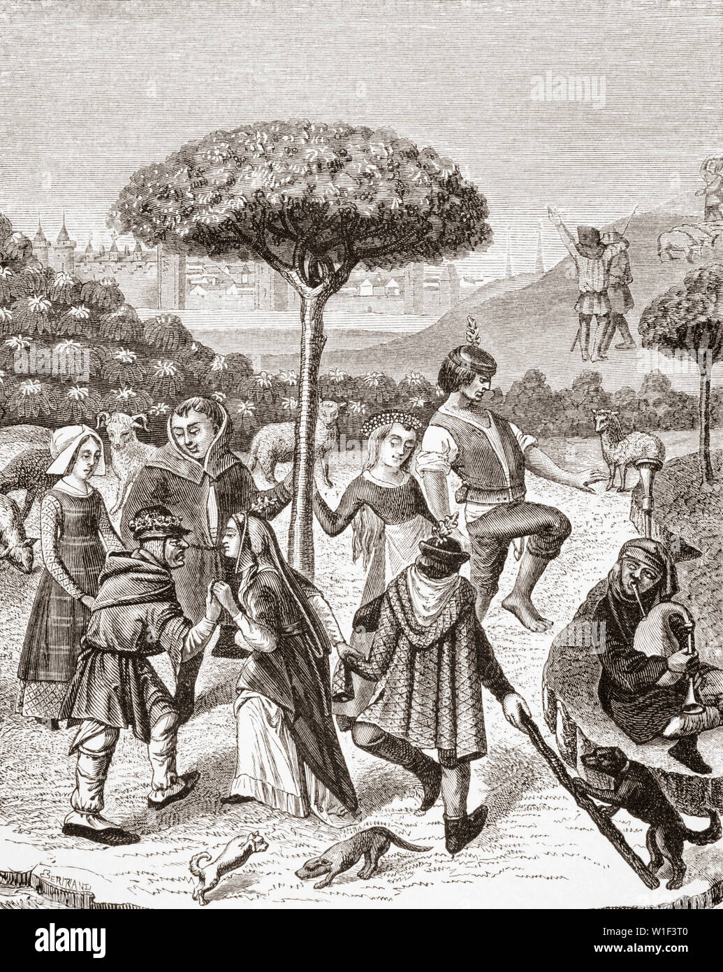 Danze contadine del maggio feste. Dopo una miniatura in un quindicesimo secolo Libro di preghiera. Foto Stock Danze contadine del maggio feste. Dopo una miniatura in un quindicesimo secolo Libro di preghiera. Foto Stock