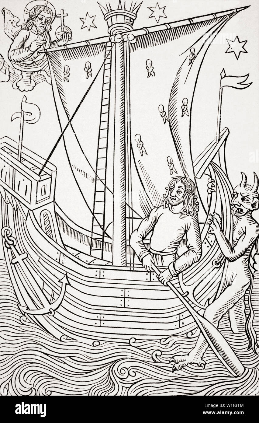 Nave mercantile in una tempesta. Facsimile di una xilografia in Grand Kalendrier et Compost des Bergers da Nicolas de Rouge stampato circa 1490 Foto Stock