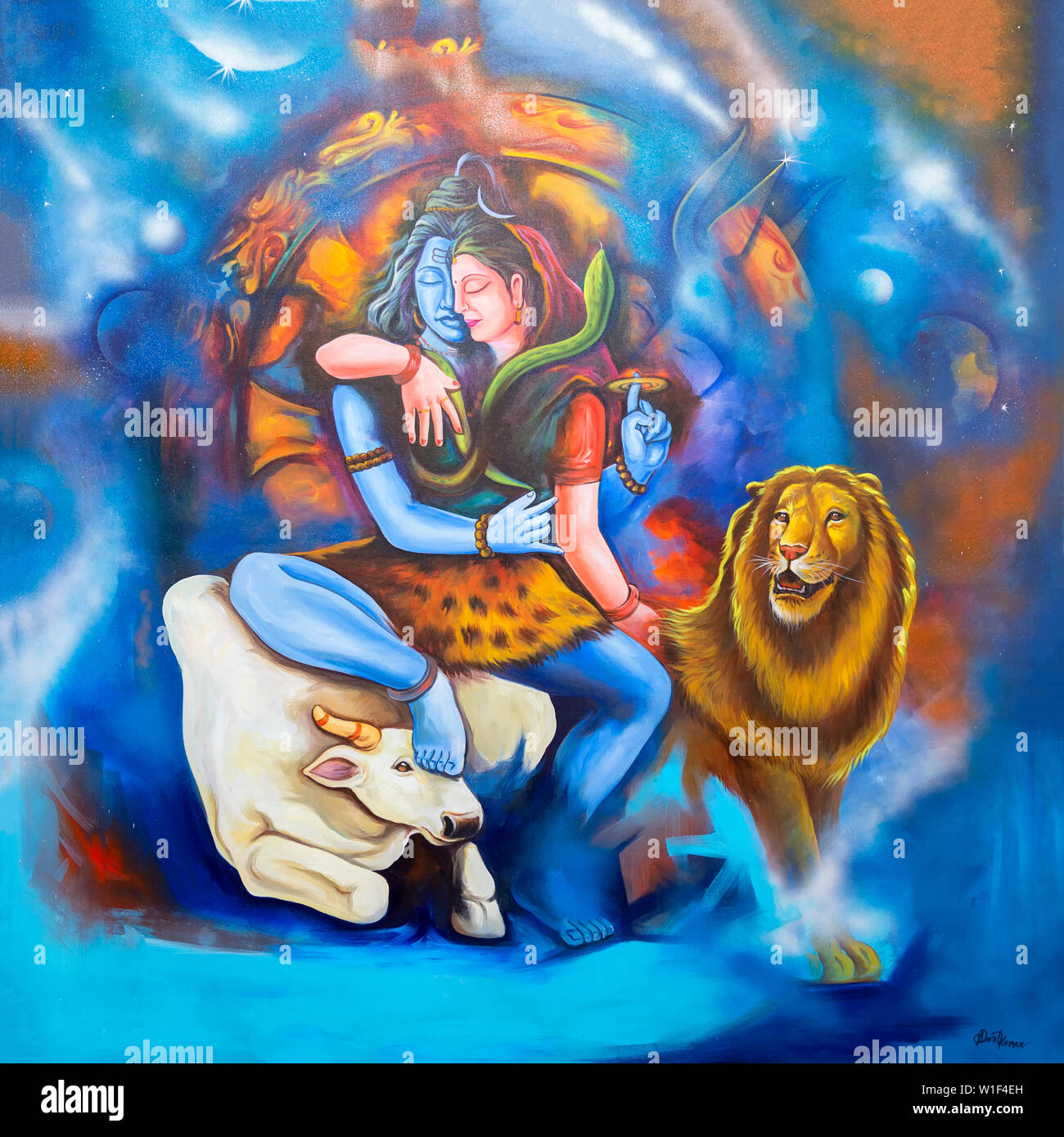 Dipinto raffigurante divinità indiane, per il solo uso editoriale, di Allahabad Kumbh Mela, più grande del mondo di raccolta religiosa che, Uttar Pradesh, India Foto Stock