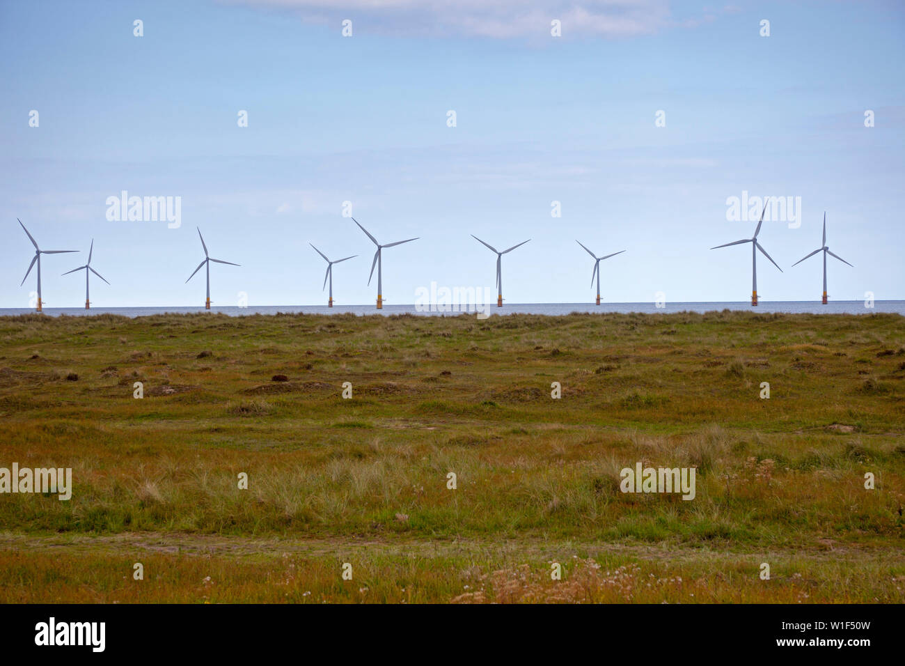Scroby Sands per centrali eoliche di Great Yarmouth, in Inghilterra, Regno Unito Foto Stock