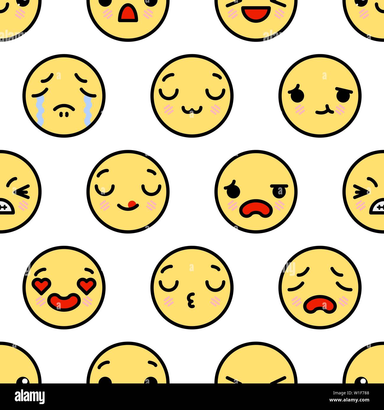 Modello senza cuciture con cute kawaii facce emoji. vettore illustrazione cartoon Illustrazione Vettoriale