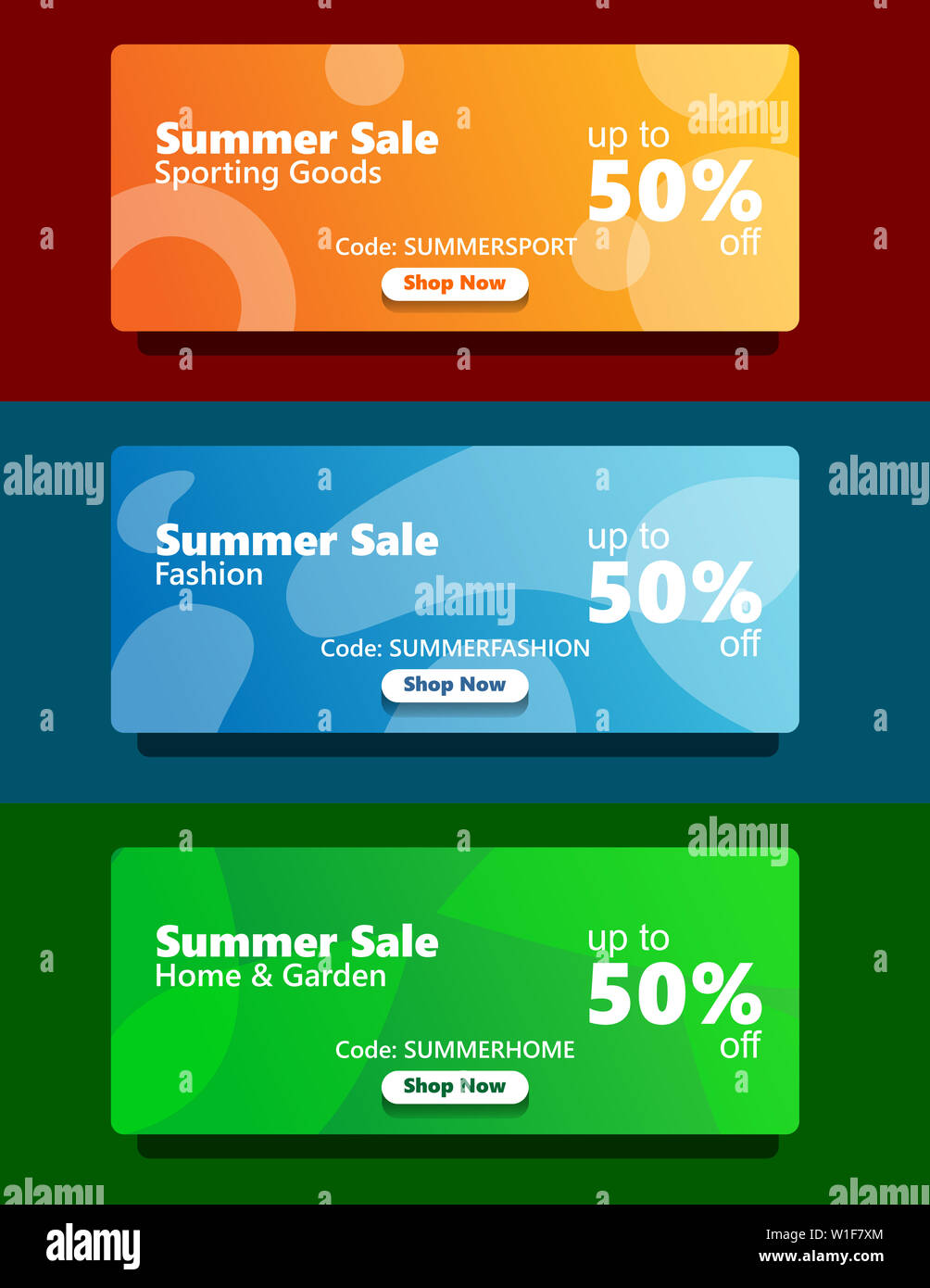 Semplice fresco e moderno con colori vivaci banner web impostare estate vendita articoli sportivi, la moda, la casa e il giardino categoria modificabile con coupon e acquista ora ma Foto Stock