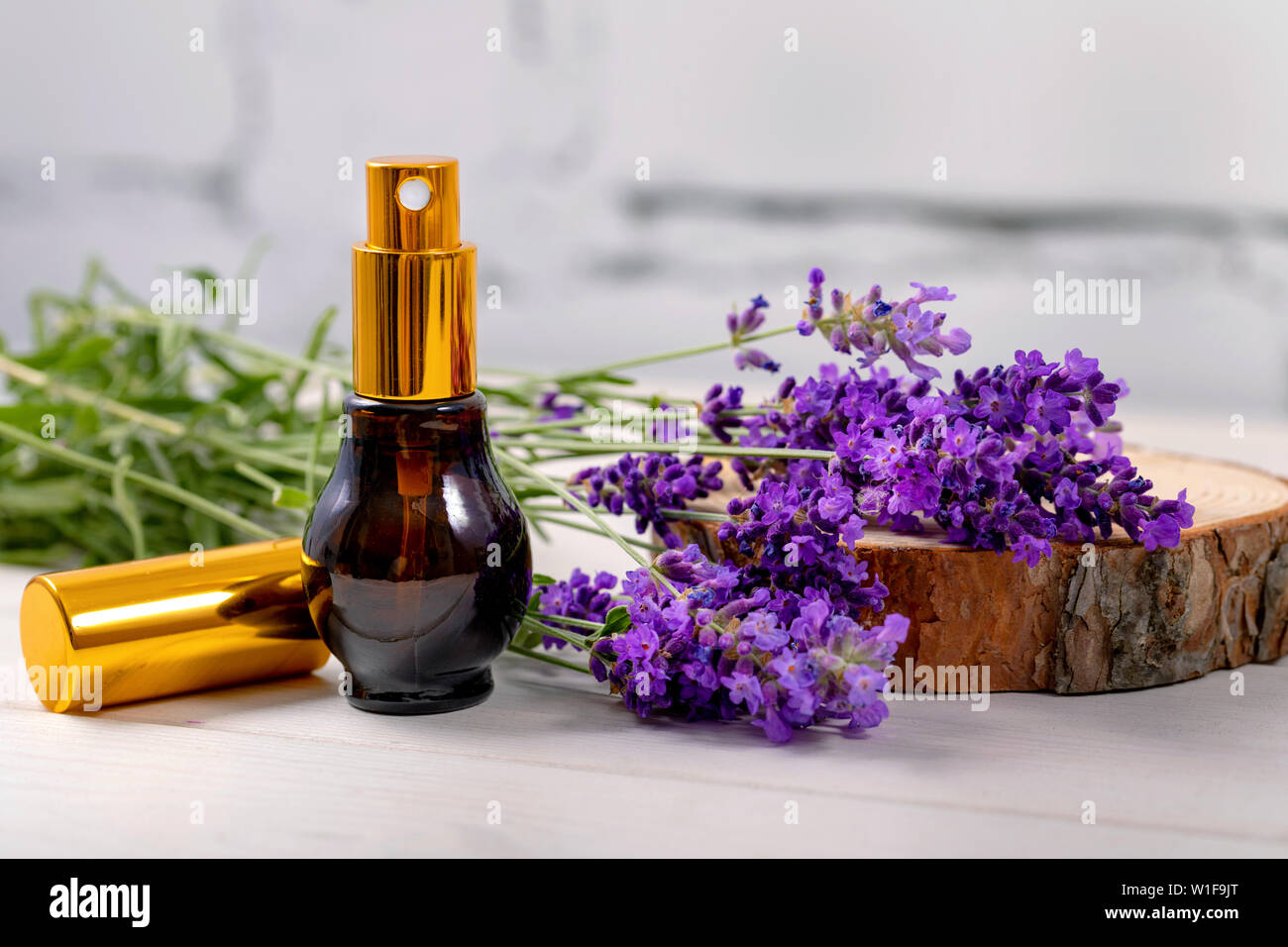 Spruzzatore di profumo fresco con ramoscelli di lavanda Foto Stock