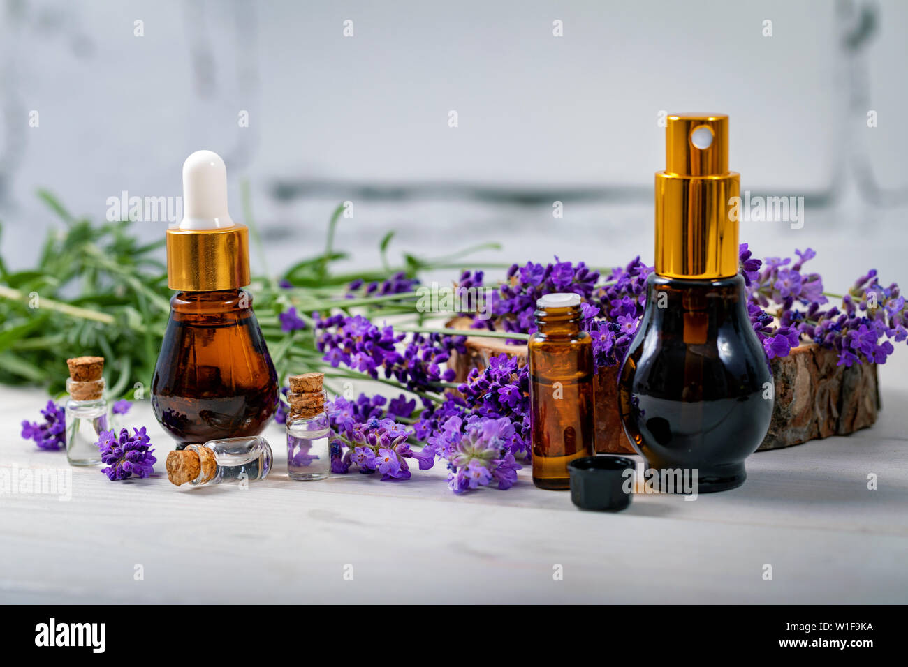 Profumo di lavanda - olio essenziale e bottiglie di profumo di fiori Foto Stock