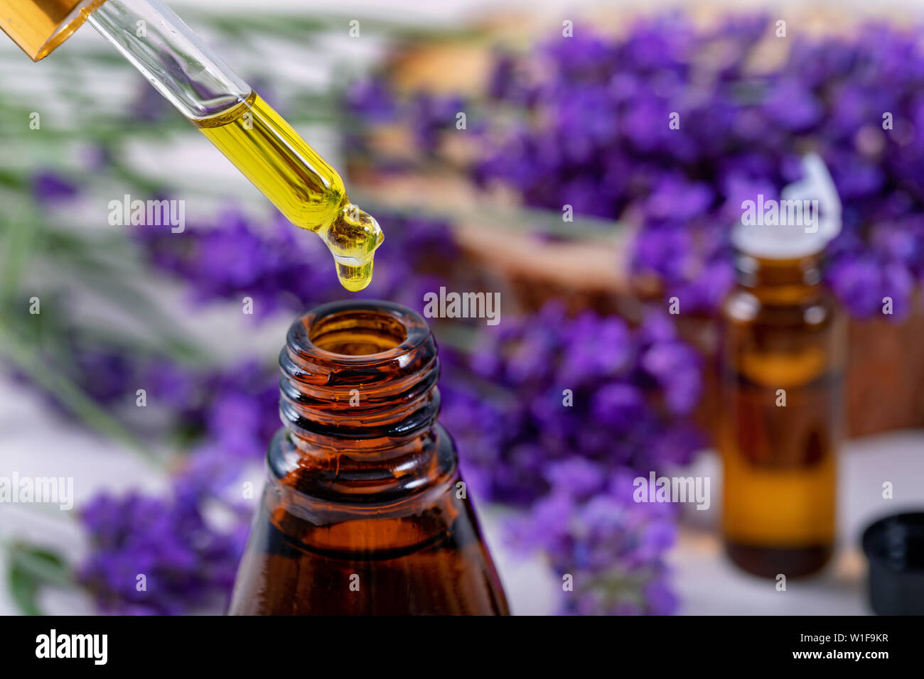 L'olio essenziale di lavanda drop dalla pipetta sopra la bottiglia Foto Stock