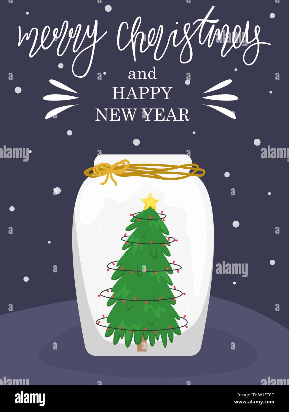 Anno nuovo bigliettino. Albero di natale con le luci in un vaso decorativo. Buon Natale e Felice Anno Nuovo Illustrazione Vettoriale